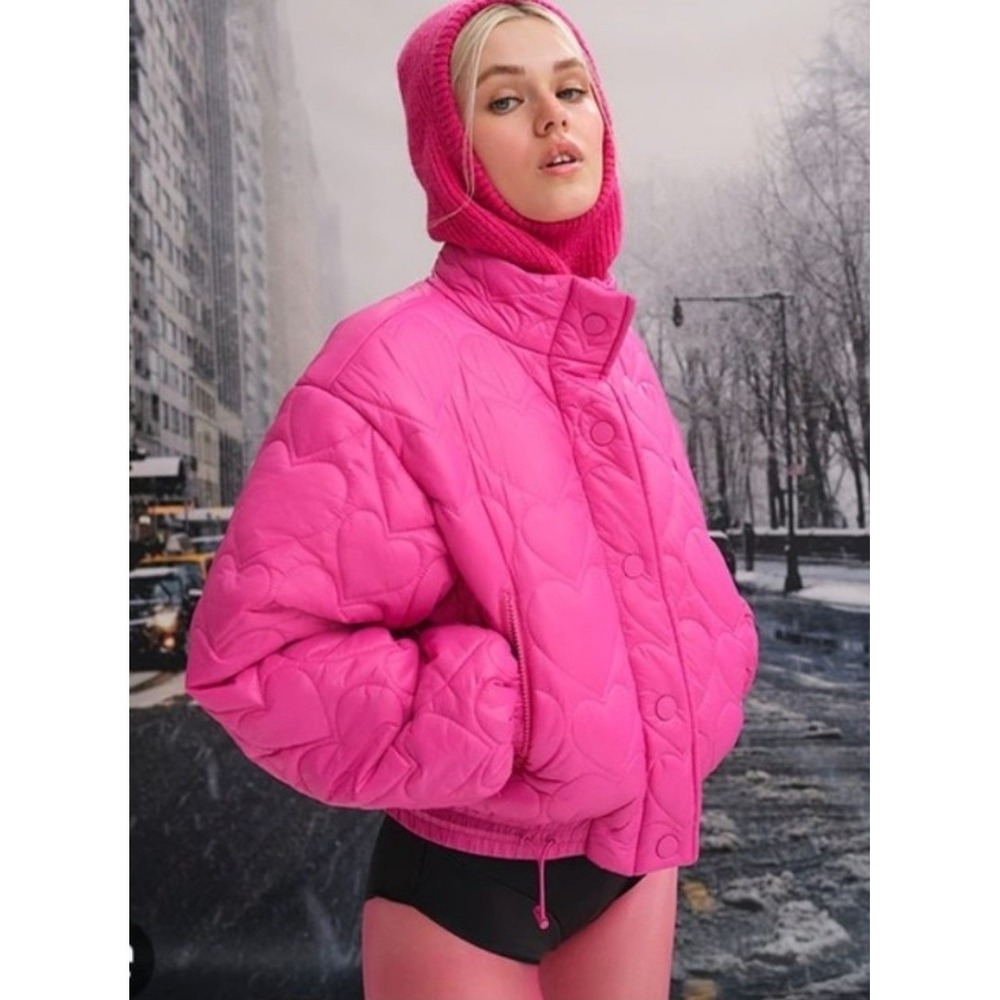 Womens szM For Love & Lemons Pink Heart Quilted Puffer Jacket Cropped Snap Front